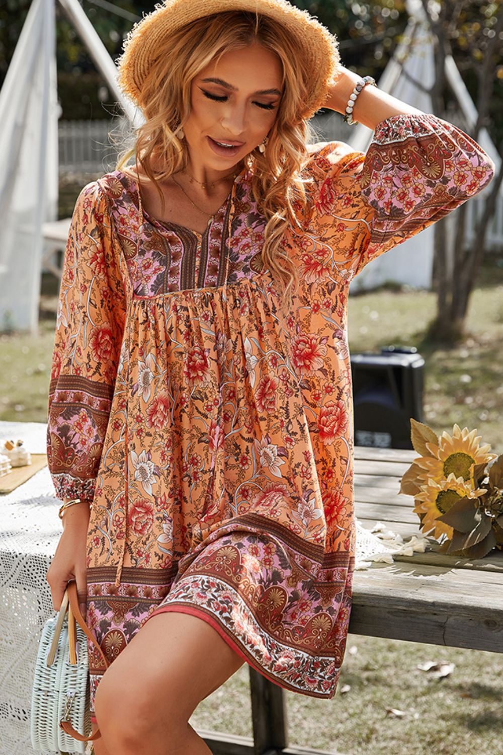 Devine Bohemian Tie Neck Balloon Sleeve Dress