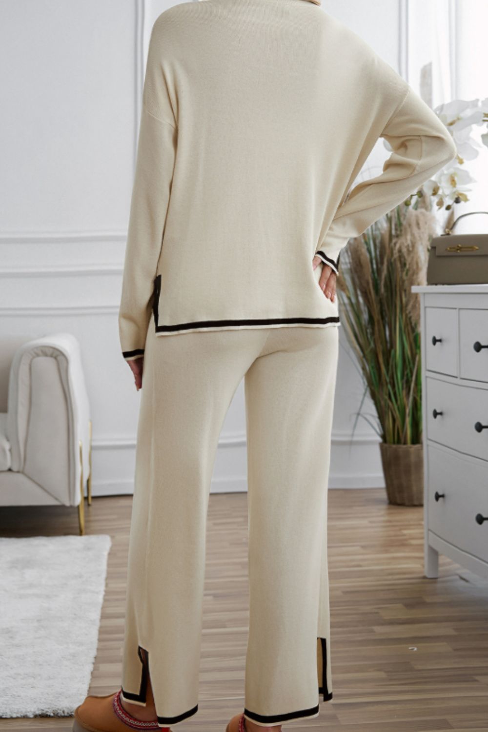 Contrast Trim Round Neck Top and Pants Sweater Set