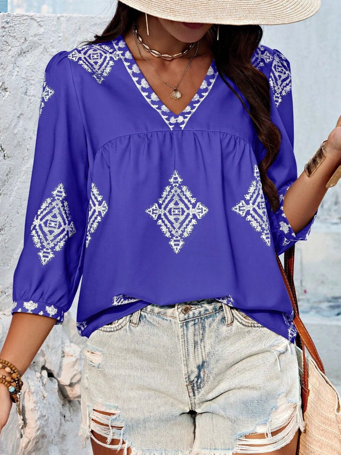 Printed V-Neck Three-Quarter Sleeve Blouse