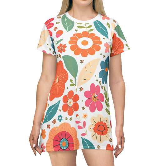 Floral T-Shirt Dress - Flower Blossom Design