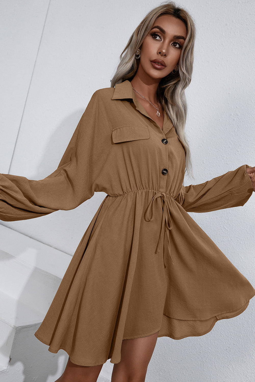 Ivy Lane Collared Tie Waist Button Up Shirt Dress