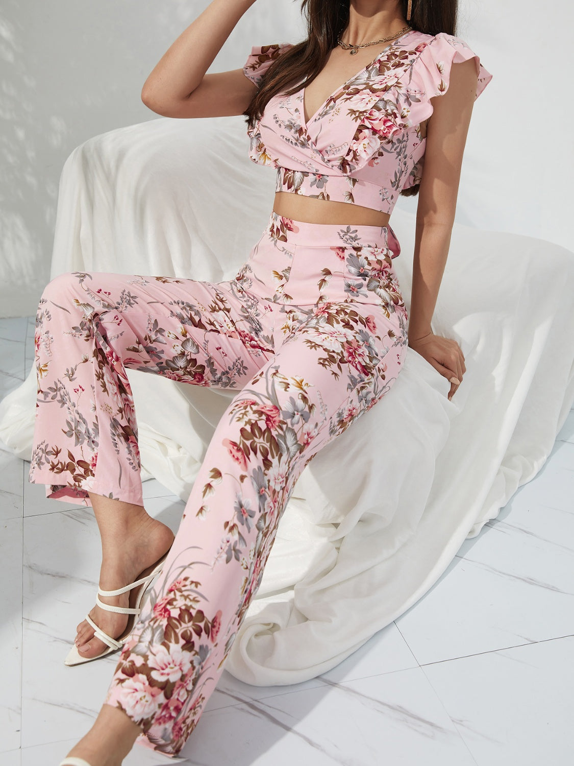 Honey Printed Surplice Cap Sleeve Top and Pants Set