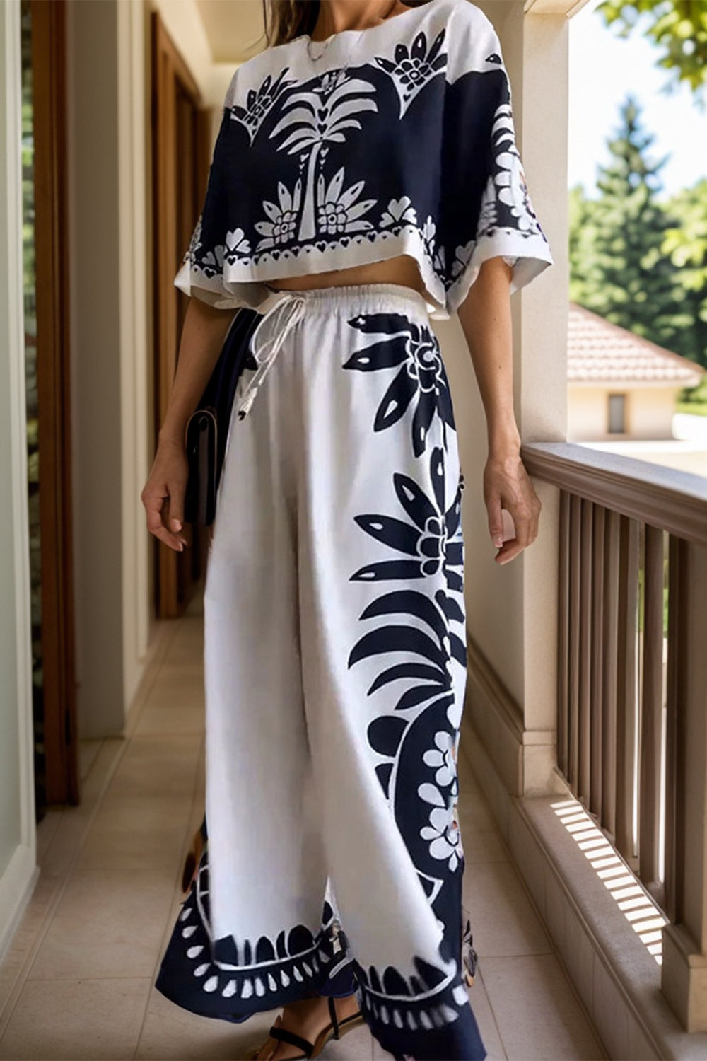 Printed Half Sleeve Top and Wide Leg Pants Set