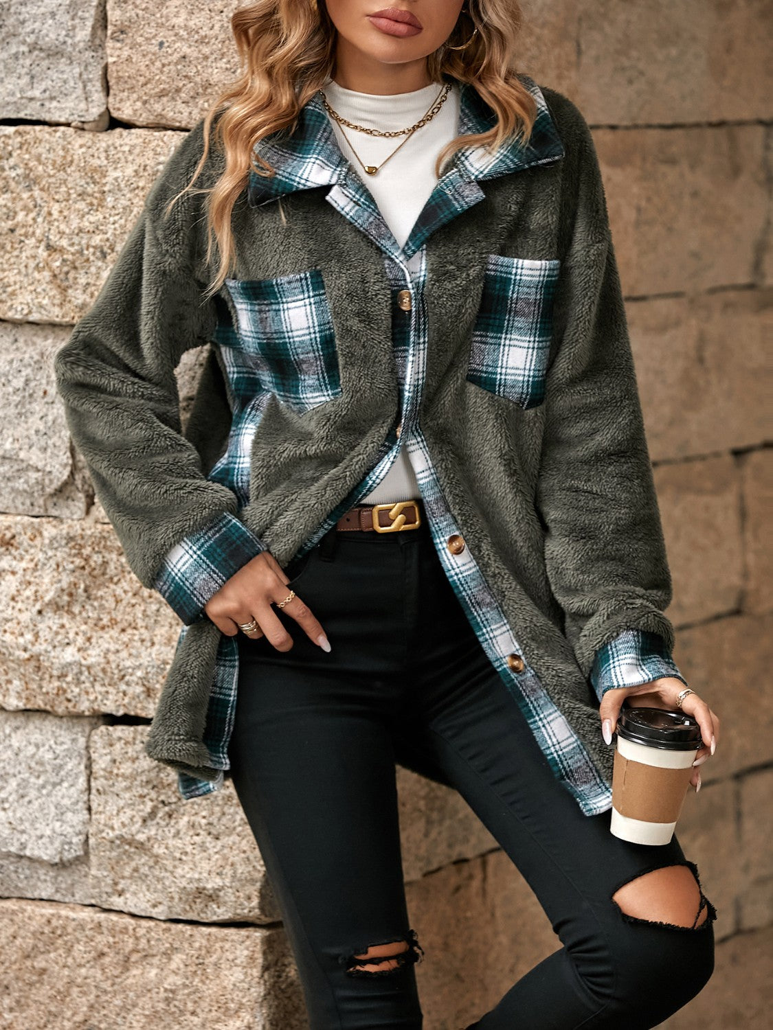 Plaid Contrast Dropped Shoulder Coat