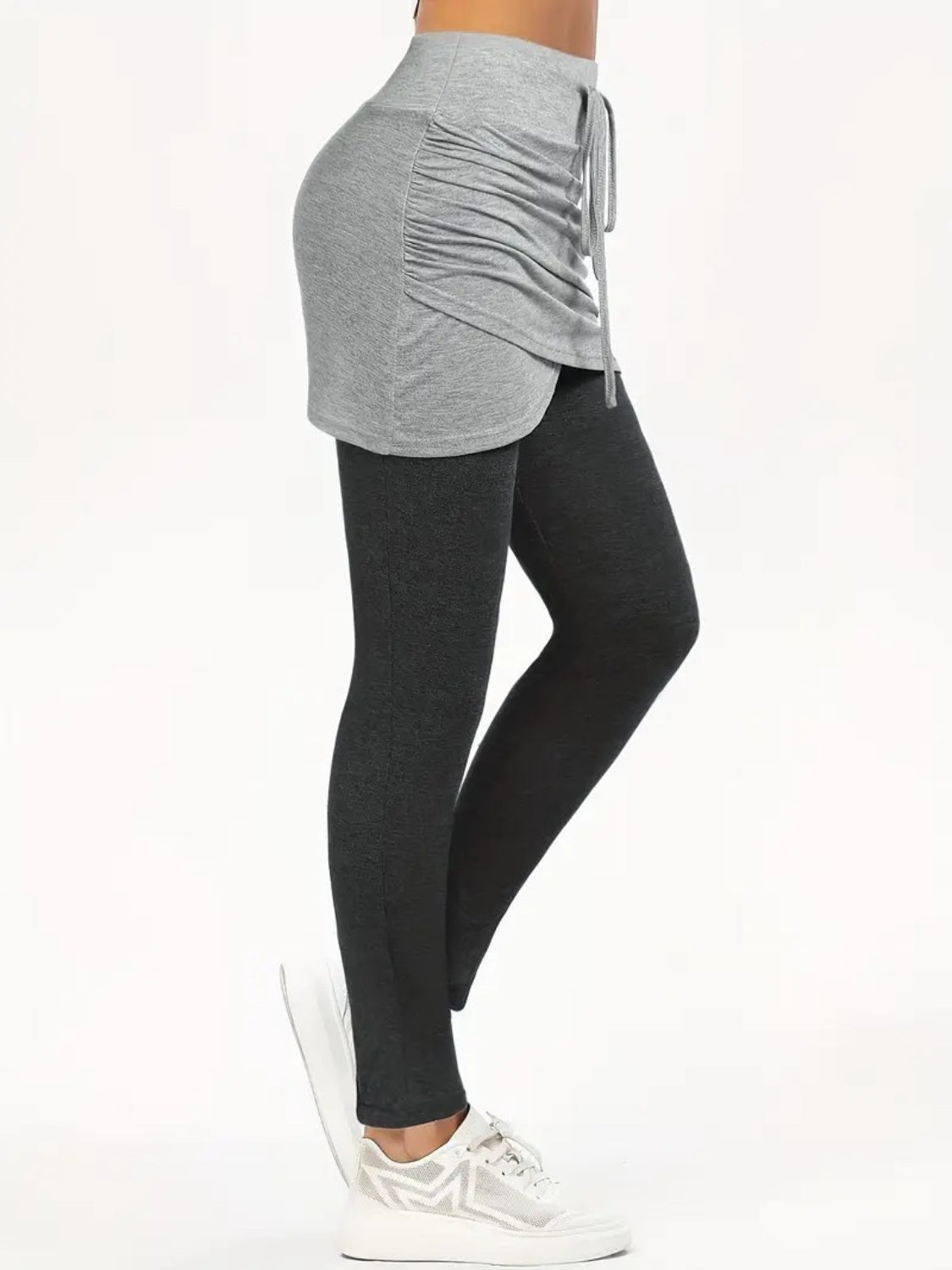 Drawstring Fake Two Pieces Active Leggings with Ruched Skirt