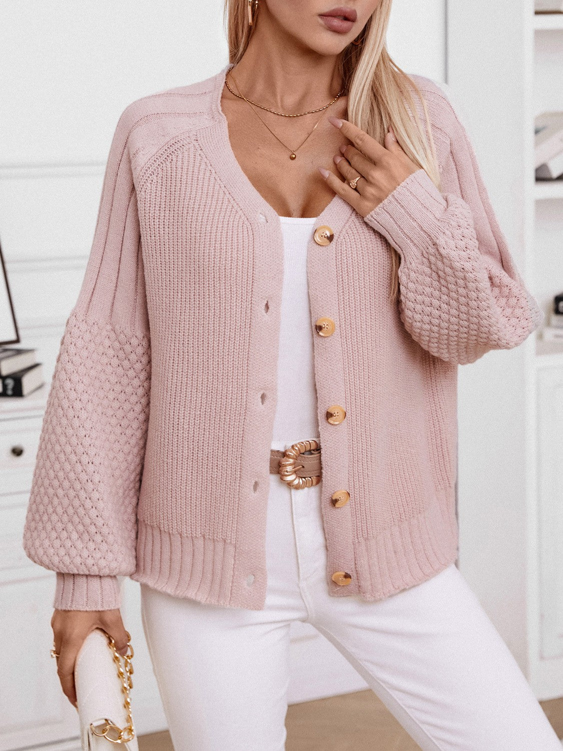 V-Neck Button Up Raglan Sleeve Cardigan