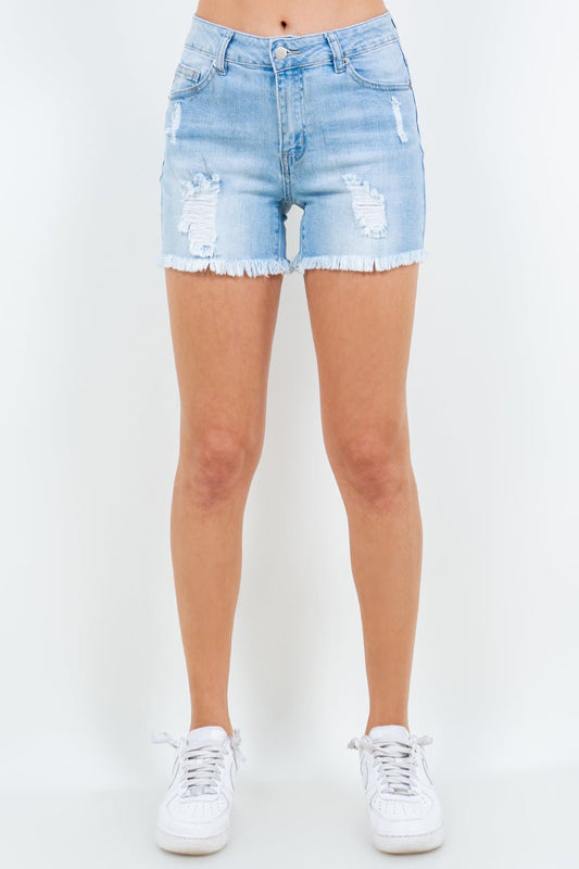 American Bazi High Waist Distressed Frayed Denim Shorts - Velvoza