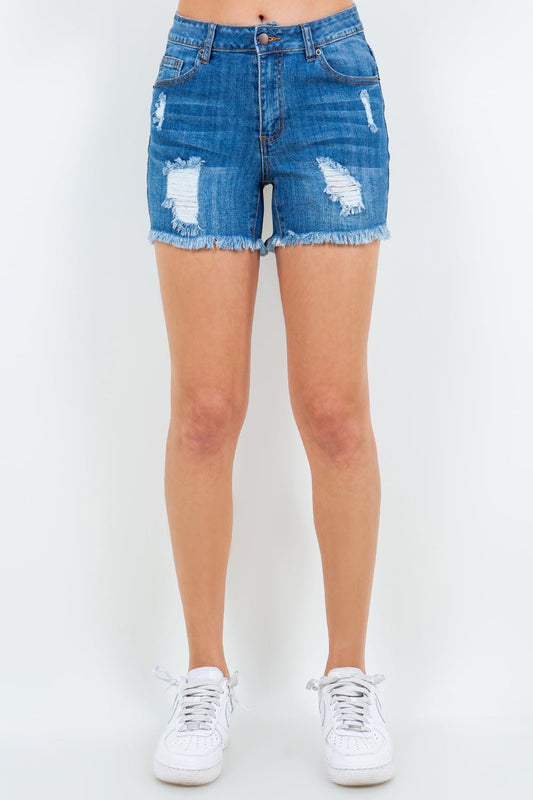 American Bazi High Waist Distressed Frayed Denim Shorts - Velvoza