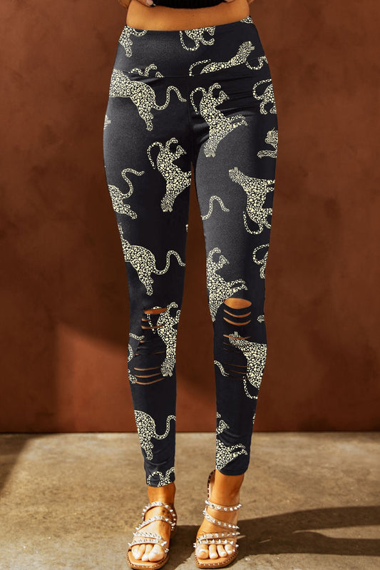 Animal Printed Distressed High Waist Leggings - Velvoza