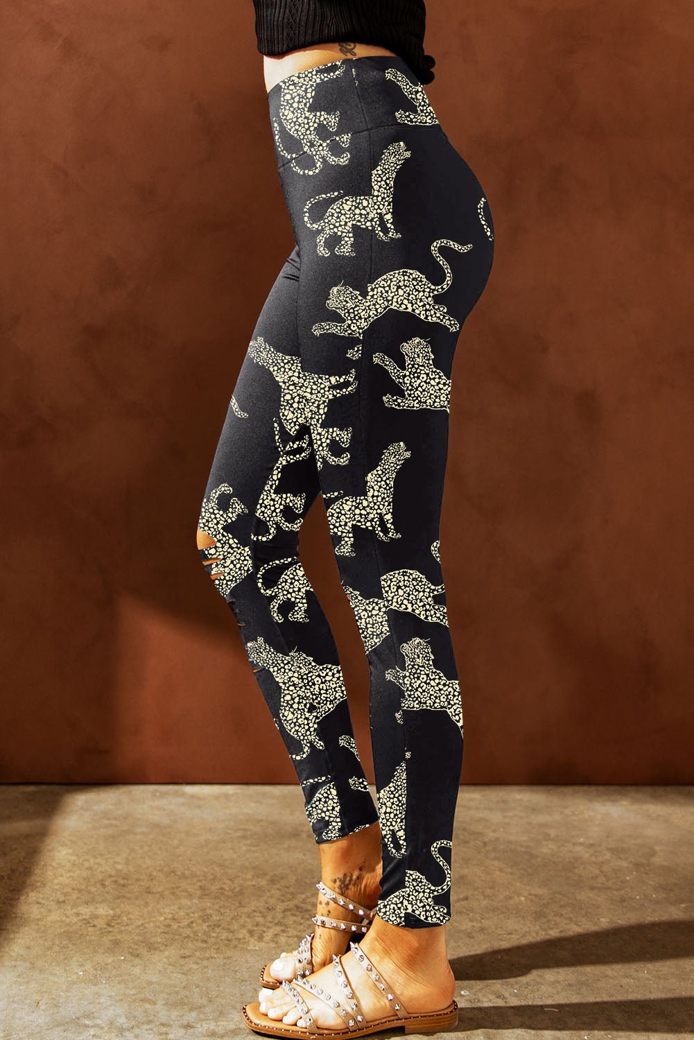 Animal Printed Distressed High Waist Leggings - Velvoza