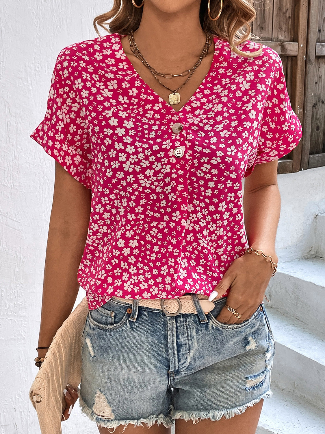 Printed V-Neck Short Sleeve Blouse